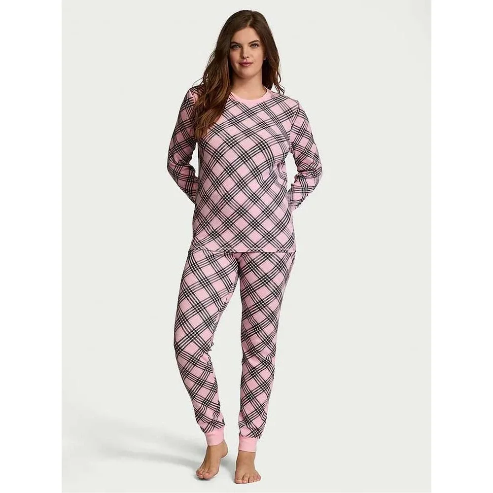 Victoria's Secret Pretty Blossom Lovely Plaid Pink Thermal Pajama Set Size L NWT